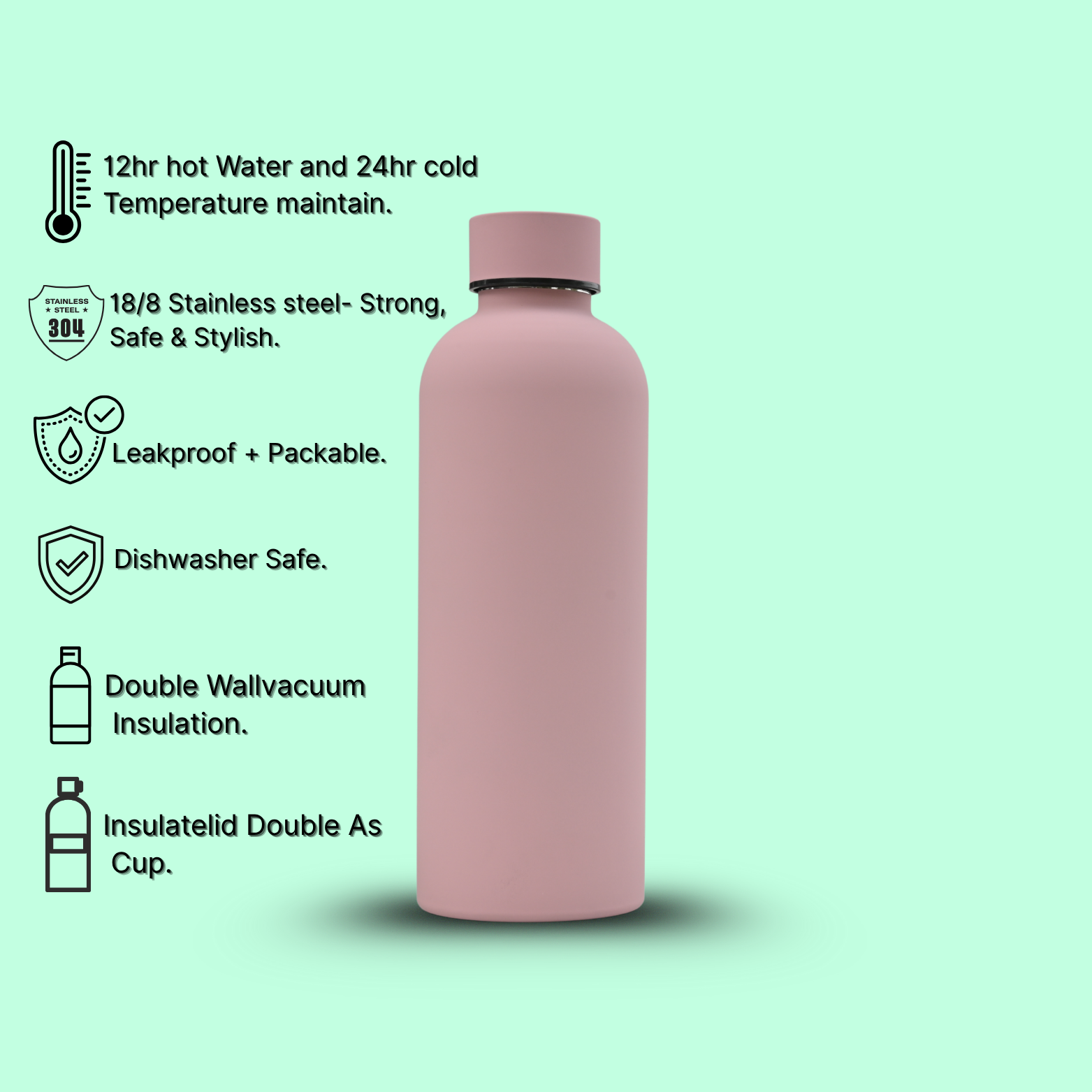 Stainless Steel Water Bottle 500ml | 12 Hours Hot & 24 Hours Cold | Leak-Proof, BPA Free, Double Wall Vacuum Insulated Flask for Office, School, Travel, Gym