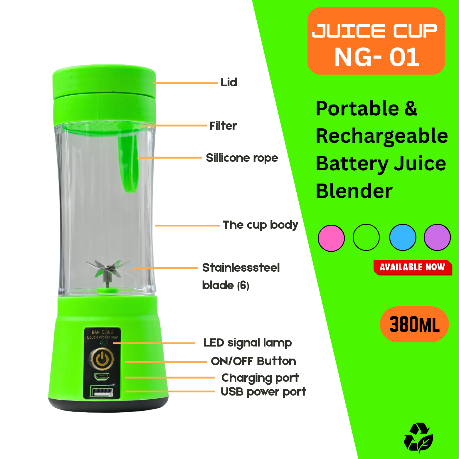 Portable Rechargeable Juice Cup Blender NG-01 | USB Electric Mini Juice, Smoothie & Shake Maker