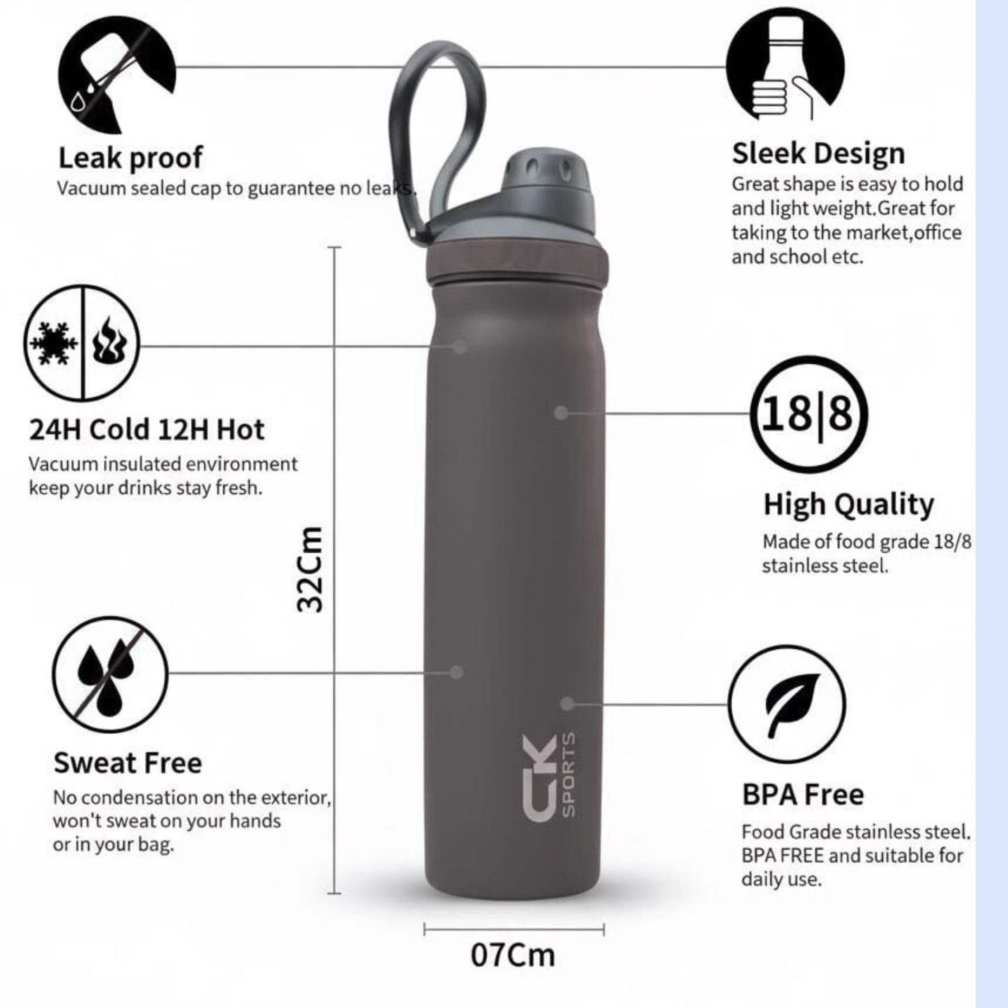CK Grace Sports Stainless Steel Water Bottle 700ml – 12 Hours Hot & 48 Hours Cold, Vacuum Insulated Flask
