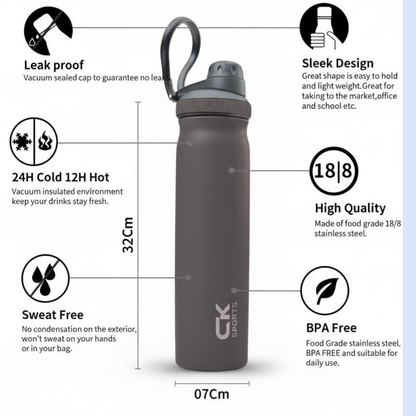 CK Grace Sports Stainless Steel Water Bottle 700ml – 12 Hours Hot & 48 Hours Cold, Vacuum Insulated Flask